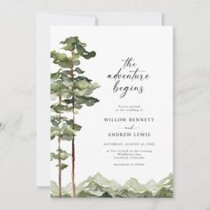 a wedding card with watercolor leaves and the words, the adventure begins on it