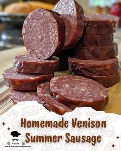 homemade venison summer sausage on a cutting board with text overlay that reads, homemade venison summer sausage