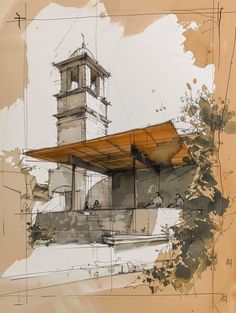 a drawing of a building with a clock tower