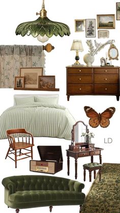 a collage of furniture and decor items including a bed, couch, chair, table