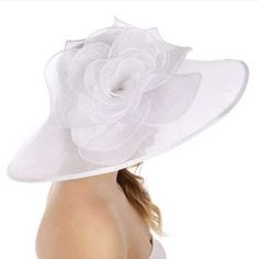 Flower Dress Hat White Brim : 7 Inches, Crown Height : 3.5 Inches, Crown Diameter: 7 Inches 100% Polyester 4oz Fitted Curved Brim Sun Hat For Spring, Spring Flower Hats For Races, Fitted Spring Sun Hat With Curved Brim, Fitted Sun Hat For Spring Weddings, Elegant White Hats For Spring, Fitted Wide Brim Spring Hat, Spring Races Flower Hat, White Elegant Spring Hats, Chic Fitted Hat For Garden Party