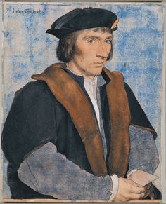 an old painting of a man wearing a black hat and blue shirt with a brown vest