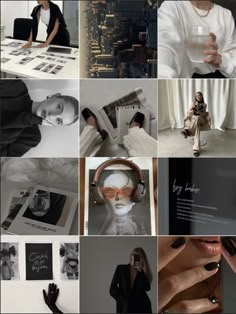 a collage of photographs with people in black and white, including woman wearing headphones