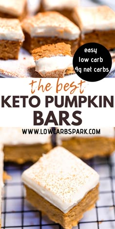 the best keto pumpkin bars with white frosting on top and brown sugar in the middle