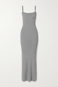 SKIMS' maxi dress is cut from ribbed stretch-modal jersey – you can really feel the soft finish. It's made to cling to your curves and has slim straps framing a square neckline. Wear yours while lounging at home and add sneakers if you're heading out for the day, or heels and your favorite purse for date night. Slim Long Dresses, Skims Ribbed Dress, Grey Long Dress Outfit, Stretch Ribbed Maxi Dress, Ribbed Stretch Maxi Dress, Fitted Ribbed Maxi Dress, Stretch Seamless Maxi Dress, Seamless Stretch Maxi Dress, Fitted Modal Maxi Dress