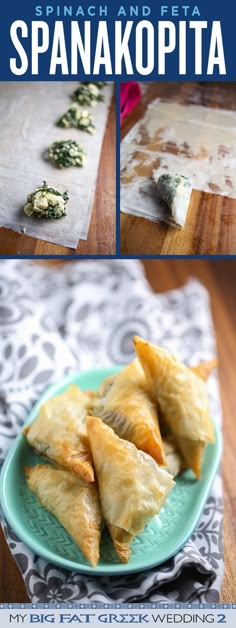 spinach and feta spanakopita on a blue plate with text overlay