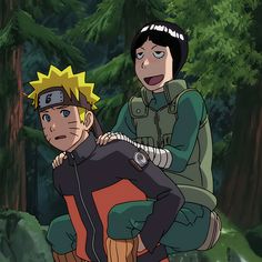 naruto and sashirt in the woods with trees behind them, one person is sitting on top of another