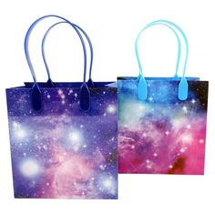 two bags with handles are shown against a white background, one is blue and the other is pink