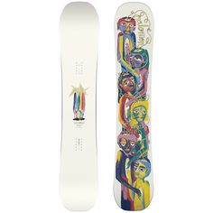 a snowboard with an artistic design on the bottom and bottom part, in front of a white background