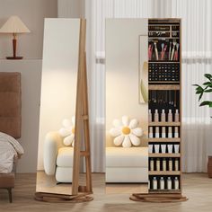 a room with a mirror, shelf and chair in it that has bottles on the shelves