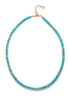 A bold and vibrant necklace that exudes both an organic yet elegant vibe. This unique piece is comprised of thin slivers of faceted Turquoise heishi beads and 5mm 14k gold filled rondelles of varying textures. This versatile and fun choker measures 15" with a 2" extender and can be worn layered or on its own. Kate Davis, Metal Jewelry Making, Bracelet Keychains, Turquoise Choker, Heishi Necklace, Heishi Beads, Affordable Jewelry, Beaded Choker, Jewelry Diy