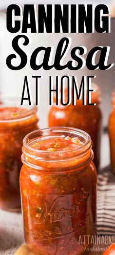 canning salsa at home with text overlay