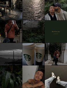 a collage of photos with people and coffee cups