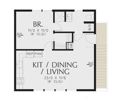 the floor plan for a small house with two living areas and an attached kitchen area