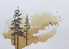 watercolor painting of trees and birds flying in the sky