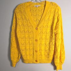 New Without Tags Attached - Size Small - Yellow - Originally $78. Style No. 25096 Button Up Balloon Sleeves Cropped, Boxy Style Open Knit 75% Acrylic, 25% Nylon Pit-To-Pit 18" Length 21" Spring V-neck Pointelle Knit Outerwear, V-neck Pointelle Knit Outerwear For Spring, Spring Yellow Knitted Cardigan, Yellow Knitted Cardigan For Spring, Yellow V-neck Cardigan For Day Out, Yellow Long Sleeve Cardigan For Day Out, Blue Balloon, Cropped Cardigan Sweater, Blue Balloons