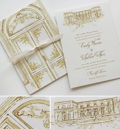 the wedding stationery is gold and white with a bow on it's side