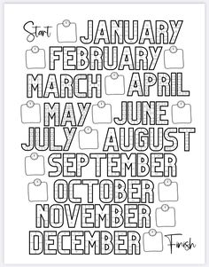 the calendar for march is shown in black and white, with words that spell out months