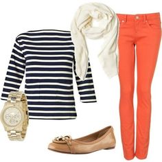 bright skinnies, striped boat neck top, neutral accents: cute outfit for spring or fall... Pantalon Orange, Looks Jeans, Orange Pants, Norma Jeane, Cute Fashion, Look Fashion