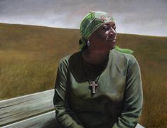 an oil painting of a woman sitting on a bench with a cross in her hair