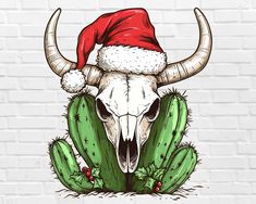 a bull skull wearing a santa claus hat sitting on top of a cactus in front of a brick wall