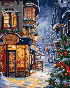 a painting of a christmas scene with a store front