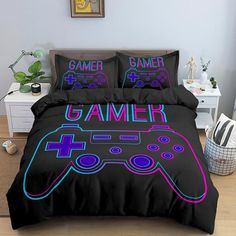 NewInov8 BSS1265 / US Twin 173x218cm NewInov8 Gamer Duvet Cover Gamer Duvet Cover Cartoon Gamer Bed, Neon Bedding, Set Up Gamer, Boys Duvet Cover, Purple Duvet, Gamer Boyfriend, Black Duvet, Purple Bedding, Black Duvet Cover