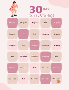 the 30 - day squat challenge is shown in pink and white with an illustration of a woman