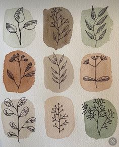 nine different types of leaves drawn on watercolor paper