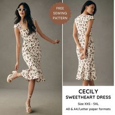 a woman wearing a dress with flowers on it and the words cecily sweetheart dress sizes xs - xxl