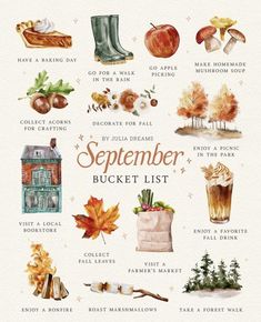 a watercolor painting of autumn items and their names