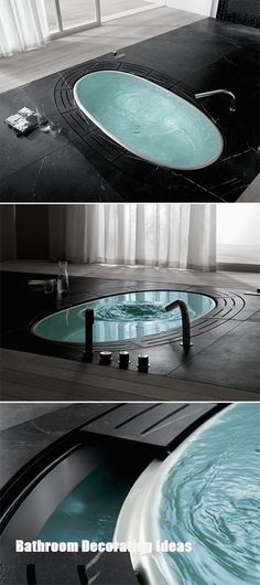 three different views of the inside of a bathtub with water flowing out of it