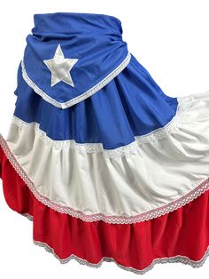 Make It Yours: HandMade Puerto Rican Enchanting Dress, we have your size. Celebrate the wonderful Puerto Rican culture. Wear our dress and be part of a beautiful tradition. Includes: Blouse and Skirt with Blue and White Star Designs Belt What sizes are available?XS to XXL - Skirt Length: 35-37in Approx. depending on size Note: Check the Photo Gallery to access the Size Chart What Color is the dress?White, red, and blue, with a white star representing the Puerto Rican flag.What material is the dr Enchanting Dress, Salsa Music