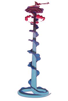 a tall glass sculpture with blue and red swirls on it's sides, in front of a white background