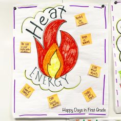 two children's drawings with words written on them, one has a fire and the other says happy days in first grade