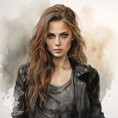 a painting of a woman with long hair wearing a leather jacket and looking at the camera