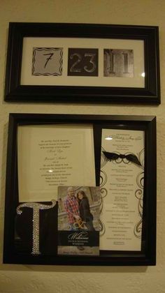 two framed photographs are hanging on the wall next to each other, with wedding information in black and white