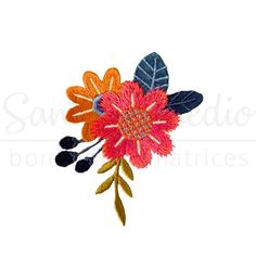 an embroidered flower with leaves on it