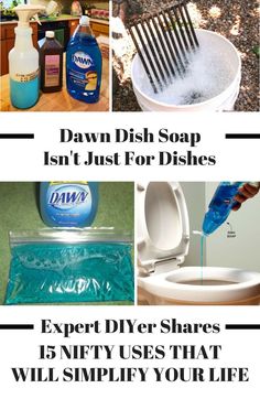 different types of dish soaps are shown in this collage with the words, expert dye shares 15 nifty uses that will simlify your life