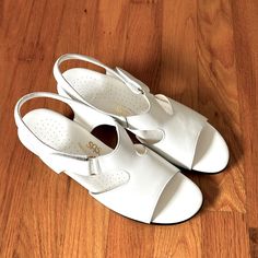 Sas Shoes Are Known For Their Comfort White Leather Uppers Velcro Closure Small Heeled Rubberized Soles For Stability Worn Once But New Condition Size 8.5n Sas Shoes, White Leather, Women's Shoes Sandals, Shoes Sandals, White Black, Leather Upper, White And Black, Black White, Women Shoes