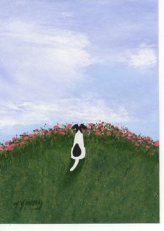 a painting of a black and white dog laying on top of a lush green field