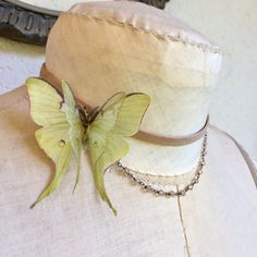 Luna Moth Choker, Luna Moth Necklace, Genuine Taupe Distressed Leather, Crystals Chain, Cotton and Silk Organza, Organza Butterfly Lunar Moth Jewelry, Luna Moth Necklace, Moth Inspired Fashion, Moth Themed Outfit, Luna Moth Jewelry, Luna Moth Outfit, Vintage Handmade Butterfly Necklace, Vintage Necklaces As Summer Gifts, Vintage Necklaces For Summer Gift