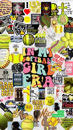 a collage of various sports related stickers on a white background with the words n y softball girl