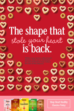 the shape that stole your heart is back ad with donuts arranged in hearts on a red background