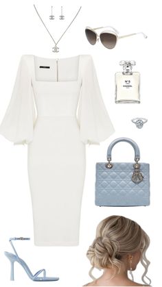 a woman in white dress and accessories including shoes, sunglasses, handbag and purse