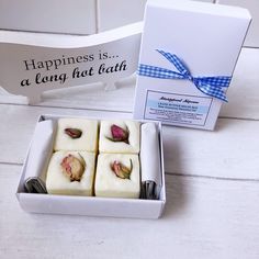 PLEASE NOTE THAT I DO NOT OFFER A GIFT WRAP OR GIFT MESSAGE SERVICE Rose Geranium Bath Butter Melts are the ultimate luxurious, aromatherapy bathing treat. Made with lashings of Shea & Cocoa Butter, Apricot Oil & Castor Oil to leave your skin super soft & moisturised, and fragranced with Rose Geranium Essential Oil to calm & relax the body & mind, with Dried Rose Buds for decoration. These blocks of moisture are the perfect antidote to dry winter skin. Beautifully packaged in a cardboard box, tied with a blue gingham ribbon, there are 4 x 40g Melts in the box.  Directions for use -  Add 1 Melt to hot running water & wait for it to dissolve.  **Will make the Bath slippery. Please take care when exiting the Bath Tub. Wash Bath after use** These are Eco Friendly & Plastic Free, & make a perfe Bath Melt, Rose Geranium Essential Oil, Bath Melts, Dry Winter Skin, Bath Oil, Geranium Essential Oil, Apricot Oil, Rose Geranium, Winter Skin