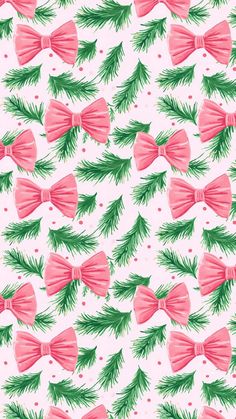 pink bows and pine branches on a white background