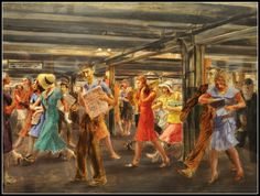 a painting of people dancing in a crowded subway station, with one man holding a sign