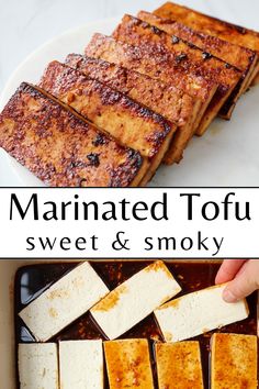 sliced tofu in a pan with text overlay that reads marinated tofu, sweet & smoky