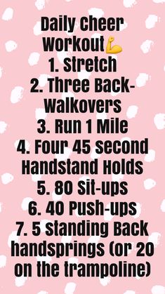 a pink poster with white dots and the words daily cheer workout 1 stretch 2 three back 3